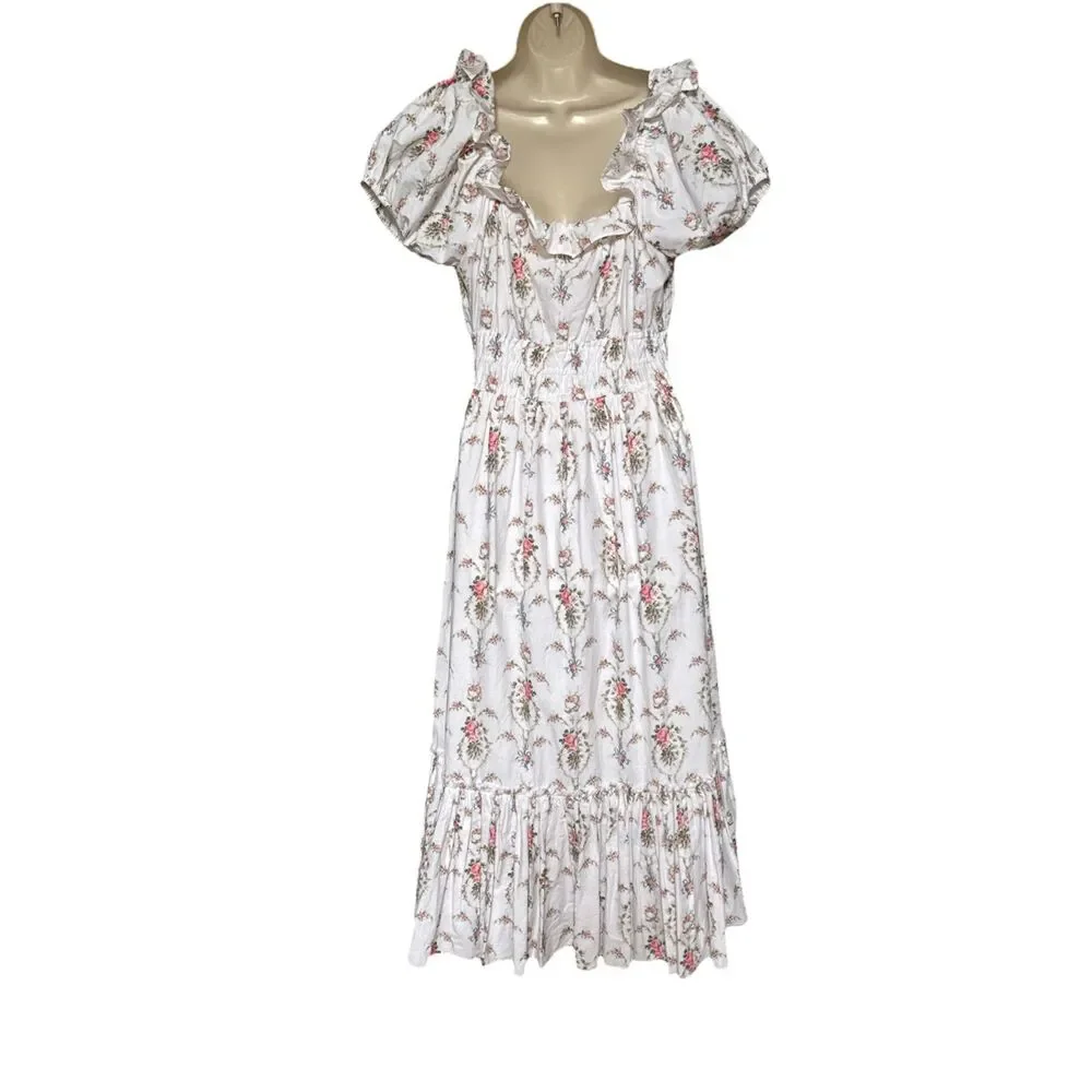 LoveShackFancy Terrence Dress M Vanilla Kisses Floral Smocked Puff Sleeve Maxi - Picture 6 of 16
